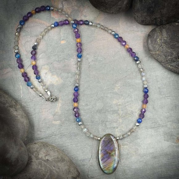 Purple Labradorite Necklace with Amethyst, Kyanite, and Gold Rutilated Quartz - Picture 1 of 2